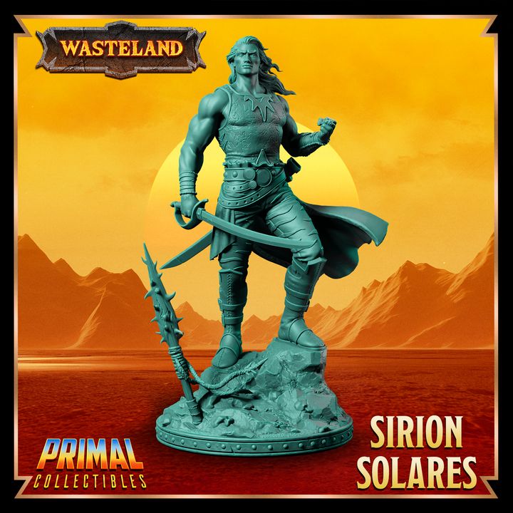 Full-figure Sirion Solares standing on rocky terrain with a long sword, dressed in aristocratic armor, exuding strength and nobility.