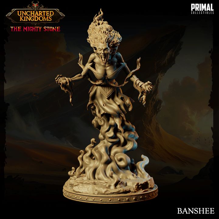 3D-printed Banshee miniature, depicting a ghastly spectral figure with an open-mouthed wail and flowing ghostly tendrils, perfect for TTRPGs like Dungeons and Dragons and Pathfinder.