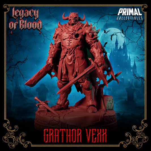 Grathor Vexx death knight spirit miniature front view, armored with gaping chest wound and two massive swords, fantasy RPG collectible.