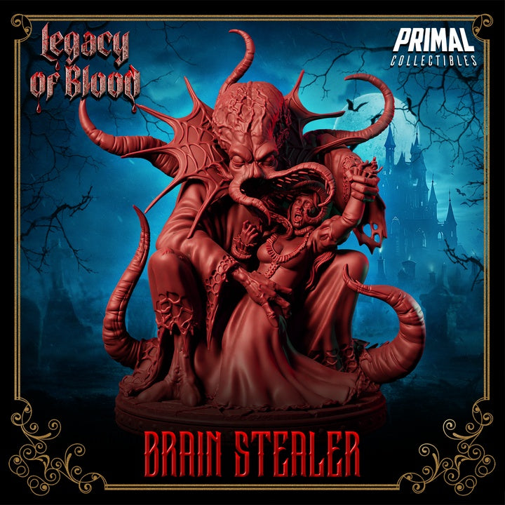 Front view of the Brain Stealer monster grasping a screaming victim, with tentacles wrapped around and a brain-sucking appendage extended.
