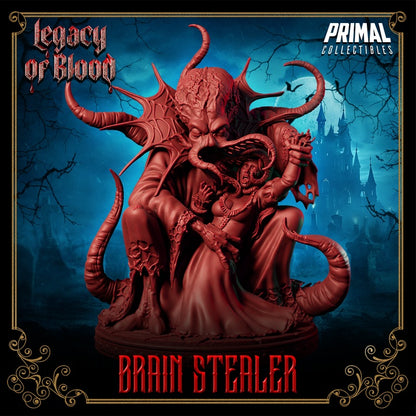 Front view of the Brain Stealer monster grasping a screaming victim, with tentacles wrapped around and a brain-sucking appendage extended.