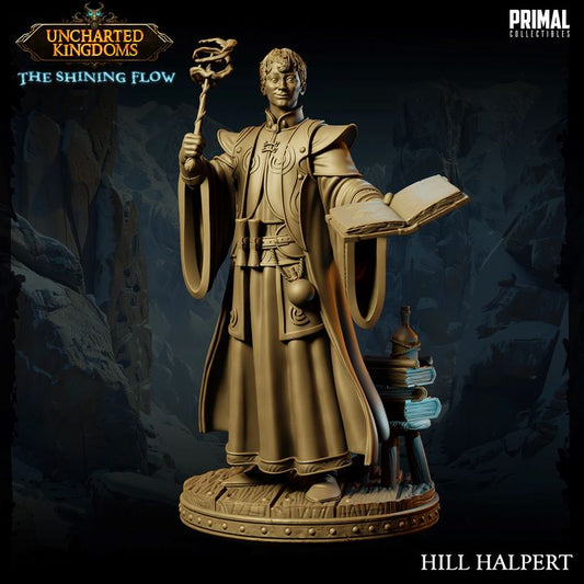 Full-body miniature of Hill Halpert, a young human wizard with a staff and an open book.