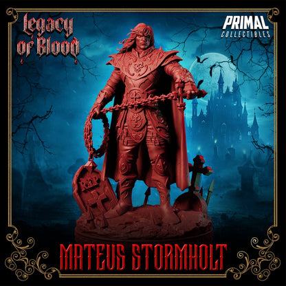 Front view of Mateus Stormholt standing among shattered tombstones, wielding a chained flail with gothic plate armor and flowing cloak.