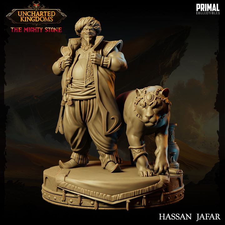 Hassan Jafar, the Crime Lord, standing confidently with his panther, dressed in opulent attire.