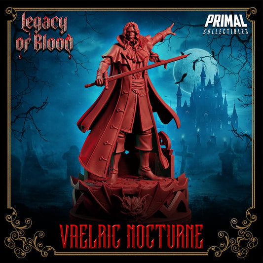 Vaelric Nocturne front view – Dampyr miniature with long coat and outstretched arm, holding a sword over a gothic-style base.