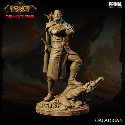 Galadrian, an elf ranger miniature, viewed from the back, showcasing his long cloak, quiver full of arrows, and detailed boots, standing atop a rocky base.