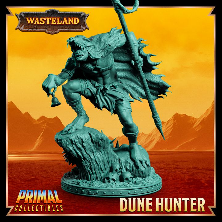 Dune Hunter goblin raider on a rocky base with skulls, holding a spear and bell, dressed in rugged clothing, with a fierce expression.