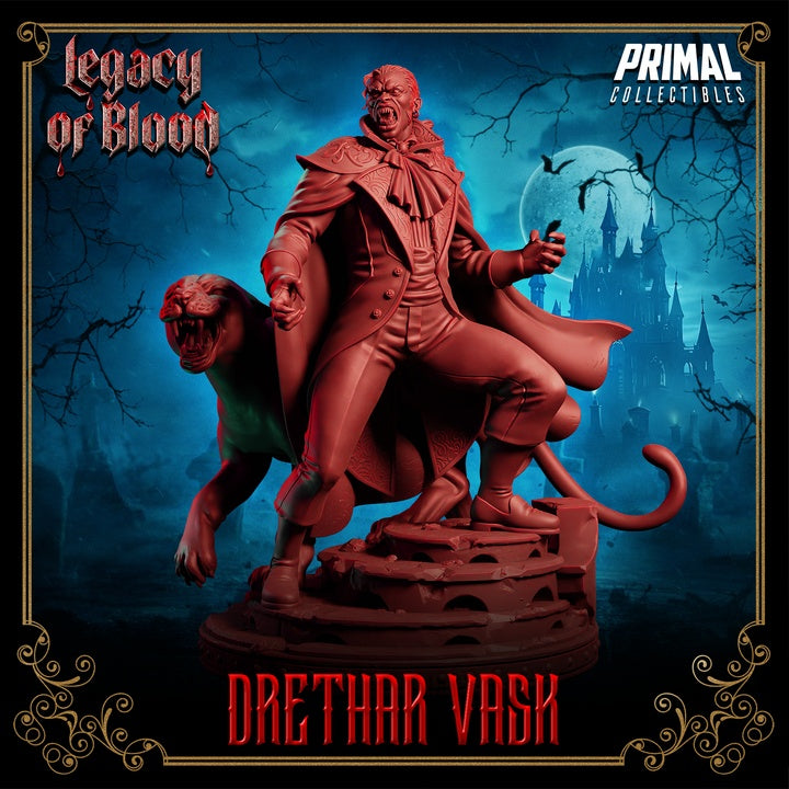 Drethar Vask miniature front view, vampire baron posed mid-step with one arm raised, accompanied by a snarling panther.