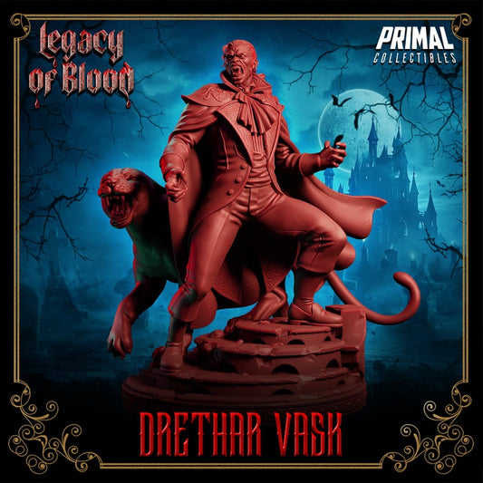 Drethar Vask miniature front view, vampire baron posed mid-step with one arm raised, accompanied by a snarling panther.