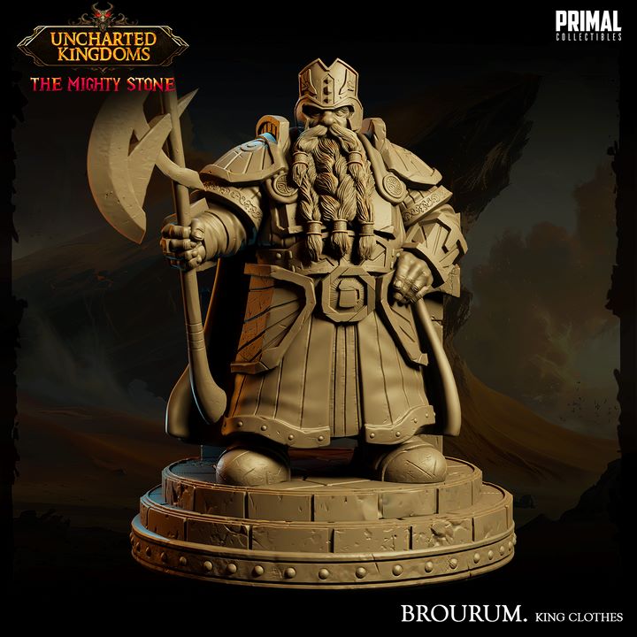 3D-printed Brourum miniature, a dwarf king holding a battle axe, ideal for TTRPGs like Dungeons and Dragons and Pathfinder.