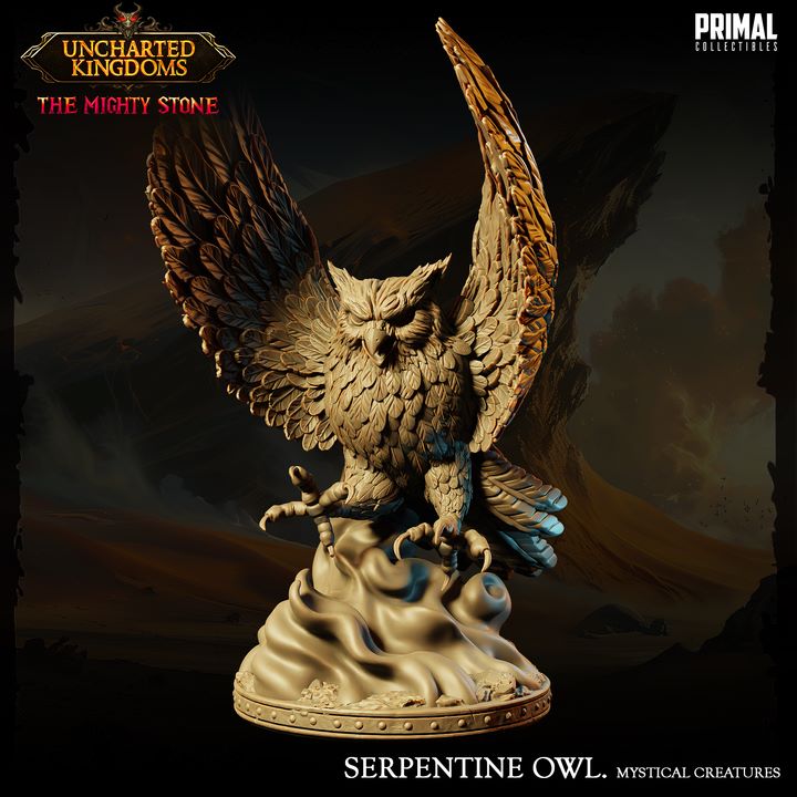 Serpentine Owl, mystical creature with wings spread wide, perched atop swirling magical energy, designed for fantasy TTRPG settings.