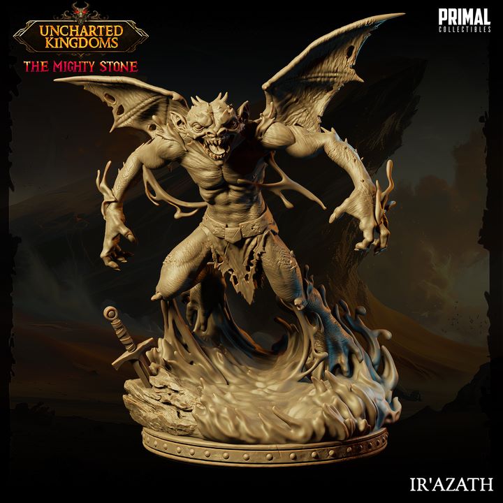 Ir'Azath, a devil miniature, posed with bat-like wings spread wide and a fierce expression, standing on a detailed base with swirling flames and a sword embedded in the ground.