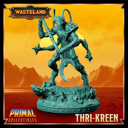 Thri-Kreen insectoid warrior, wielding a crescent moon staff, throwing stars, and adorned in segmented armor, crouching on a rocky base with an imposing stance.