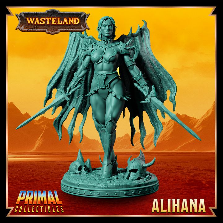 Full-figure view of Alihana, a winged warrior in armor with bat-like cloak, dual blades, and flowing hair, standing on a base decorated with skulls