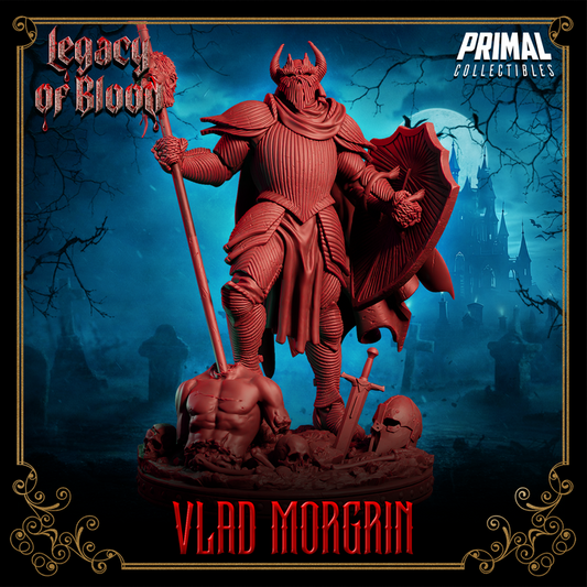 Lord Vlad Morgrin vampire warlord miniature front view with horned helmet, spiked armor, shield, and spear standing over pile of skulls and corpses - Dungeons & Dragons, Pathfinder