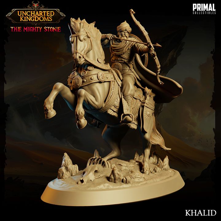 3D-printed Khalid miniature, showcasing a mounted archer in detailed desert armor, ideal for TTRPGs like Dungeons and Dragons and Pathfinder.
