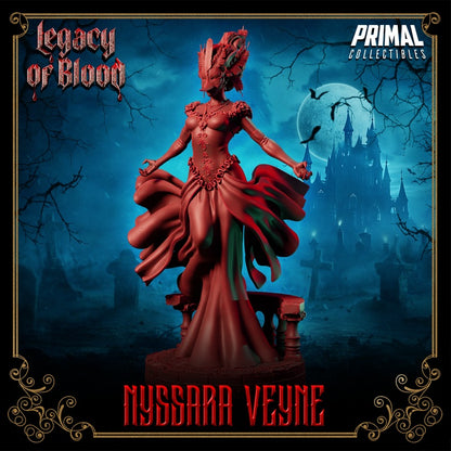 Front view of Nyssara Veyne vampire duchess miniature with mask and swirling dress, posed atop a gothic balcony base.