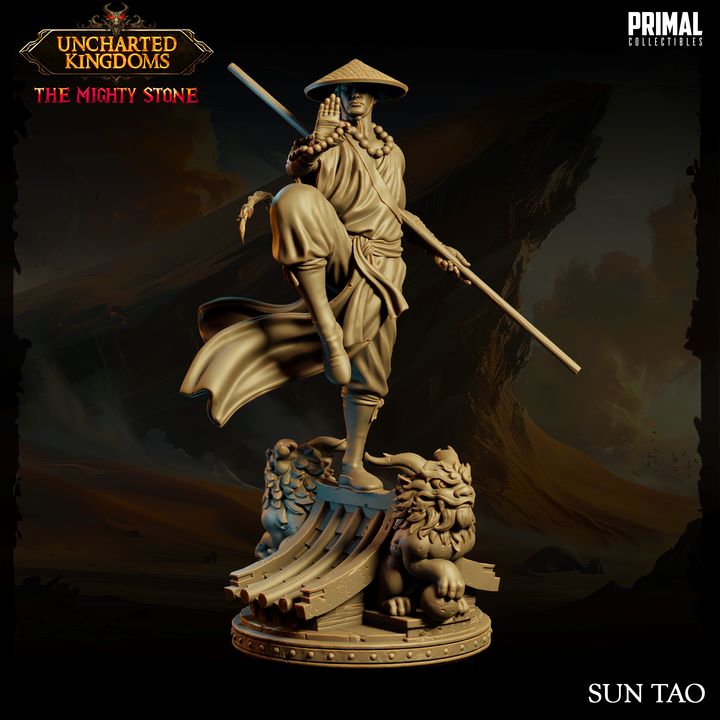 3D-printed Sun Tao miniature, featuring a human monk in a dynamic pose balancing on a traditional rooftop with lion statues, designed for TTRPGs like Dungeons and Dragons and Pathfinder.