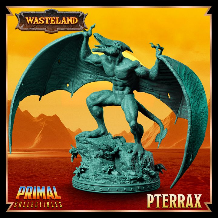 Pterrax figure, a muscular pterodactyl humanoid with outstretched wings, standing on a rocky base with claws extended, embodying primal power and menace.