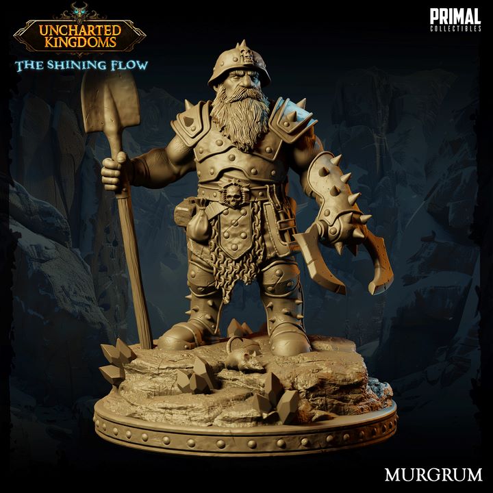 Front view of Murgrum, a heavily armored dwarf with a mechanical claw and shovel, standing on rocky terrain, ideal for tabletop RPG adventures.