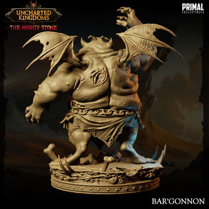 Bar'Gonnon, a Paeliryon devil miniature, featuring a large, bloated form with grotesque details, extended arms, and bat-like wings, posed on a base with skulls and bones.