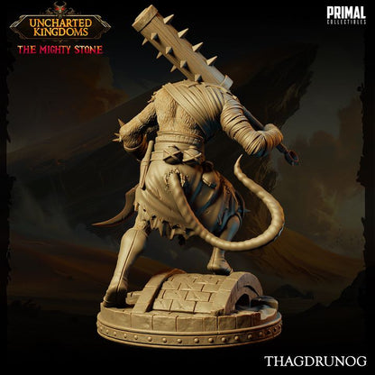 Thagdrunog, a wererat miniature, viewed from the back, showcasing his muscular build, tail, and detailed armor, holding a spiked club and standing on a stone-patterned base.