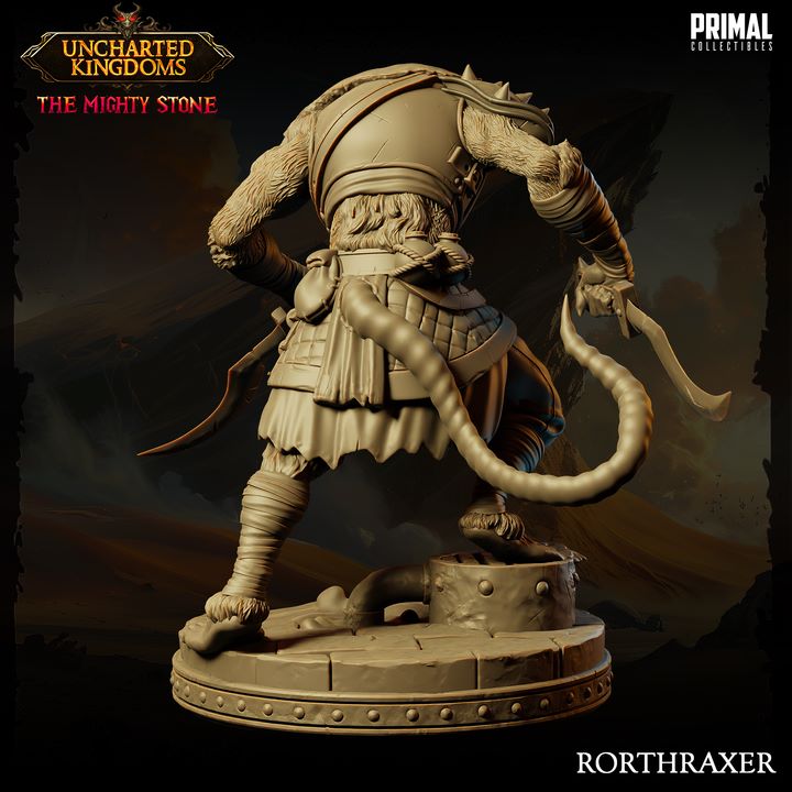 Rorthaxer, a wererat miniature, in an aggressive stance with dual blades drawn, detailed facial features, and rugged clothing, posed on a base featuring intricate carvings.