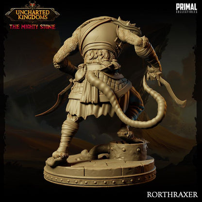 Rorthaxer, a wererat miniature, in an aggressive stance with dual blades drawn, detailed facial features, and rugged clothing, posed on a base featuring intricate carvings.