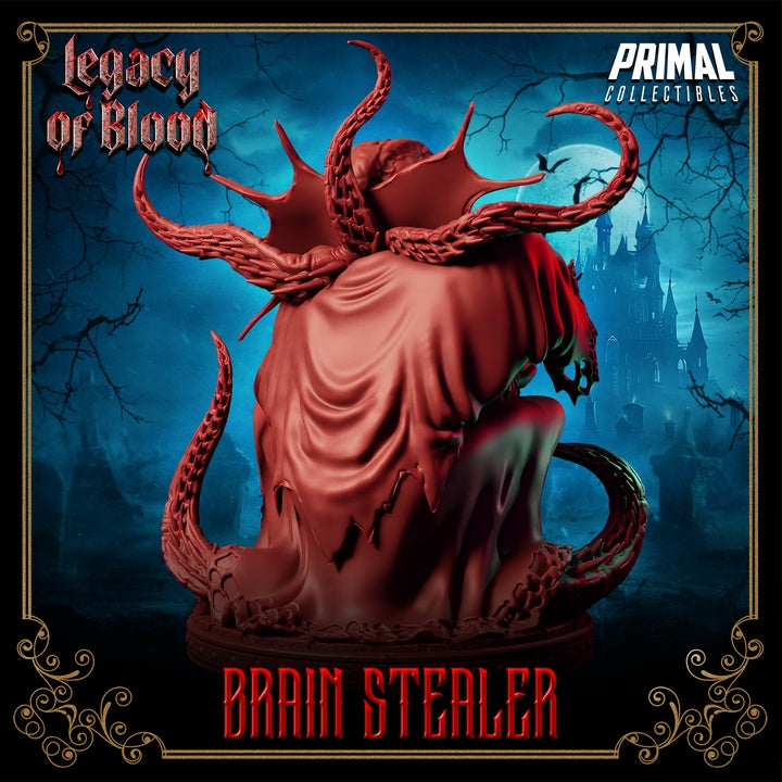 Rear view of the Brain Stealer showing its hunched cloak, twisted tentacles, and grotesque silhouette, with a castle backdrop.