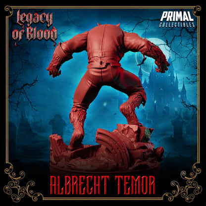 Rear view of Albrecht Temor revealing tattered noble suit, hunched back, and werewolf tail.