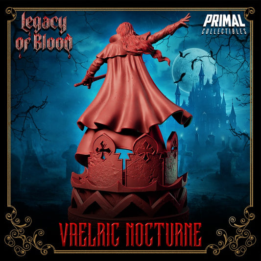 Vaelric Nocturne rear view – vampire hunter with long hair and flowing coat, posed with arms raised atop gothic battlement-style base.