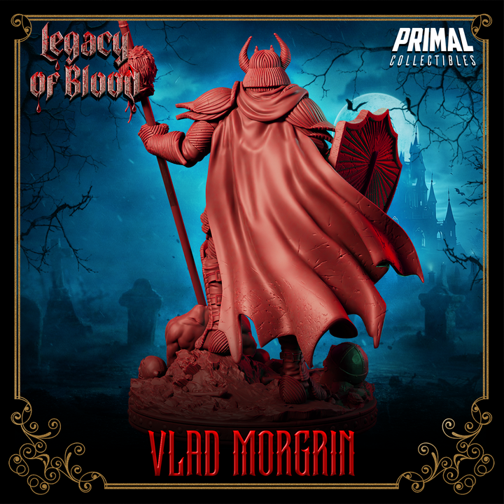 Lord Vlad Morgrin vampire warlord miniature back view showing flowing cape, horned helm, spiked armor, shield, and battlefield base - Dungeons & Dragons, Pathfinder