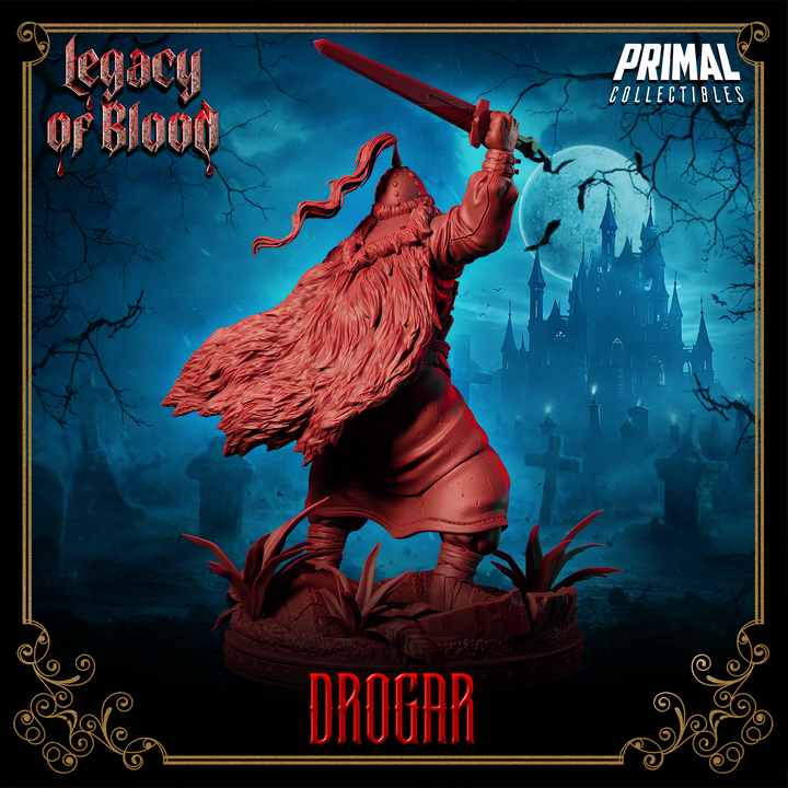 Drogar vampire barbarian figure back view with sword lifted and cloak trailing