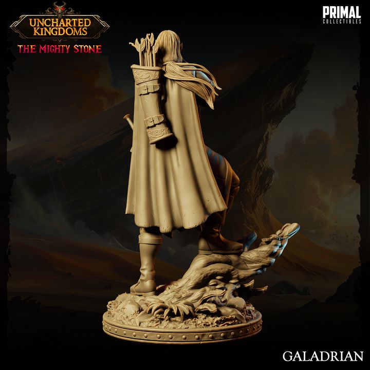 Galadrian, an elf ranger miniature, with a confident stance and arms crossed, wearing detailed armor with a bow, quiver, and sword, positioned on a rocky base.