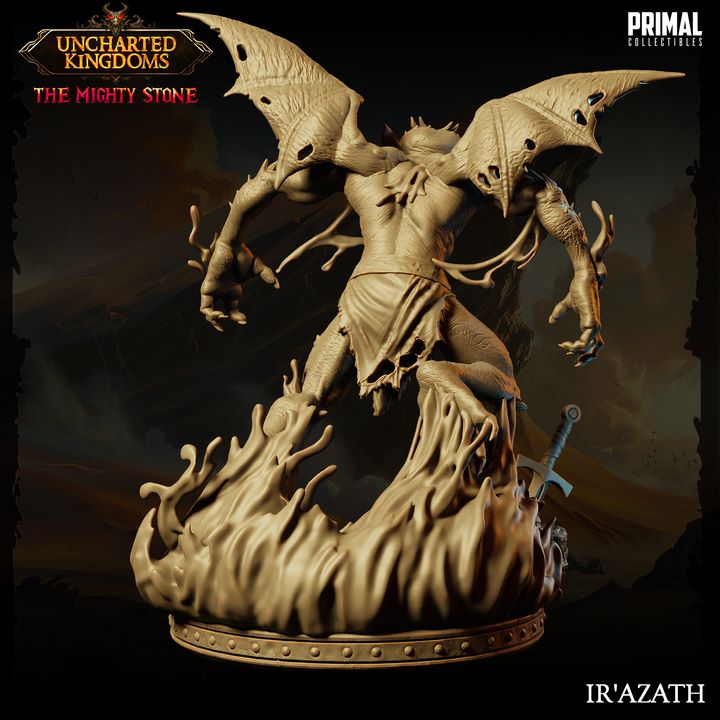 Ir'Azath, a devil miniature, viewed from the back, showcasing tattered bat-like wings, muscular details, and a swirling flame base, with a sword positioned to the side.