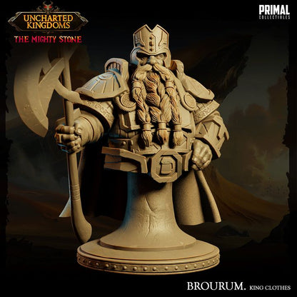 Bust of the 3D-printed Brourum miniature, featuring the dwarf king with a braided beard and battle axe, ideal for TTRPGs like Dungeons and Dragons and Pathfinder.