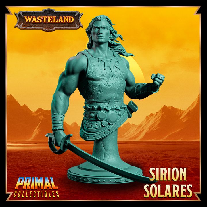 Bust of Sirion Solares, showcasing his noble armor and a determined expression, holding a sword and embodying heroic authority.