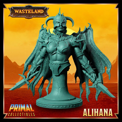 Bust of Alihana, a winged warrior in ornate armor, with bat-like cloak, dual blades, and a horned helmet.