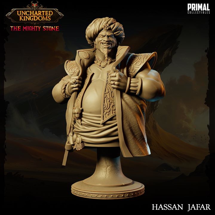 Hassan Jafar, the Crime Lord, depicted in a detailed bust, showcasing his elaborate attire and confident expression.