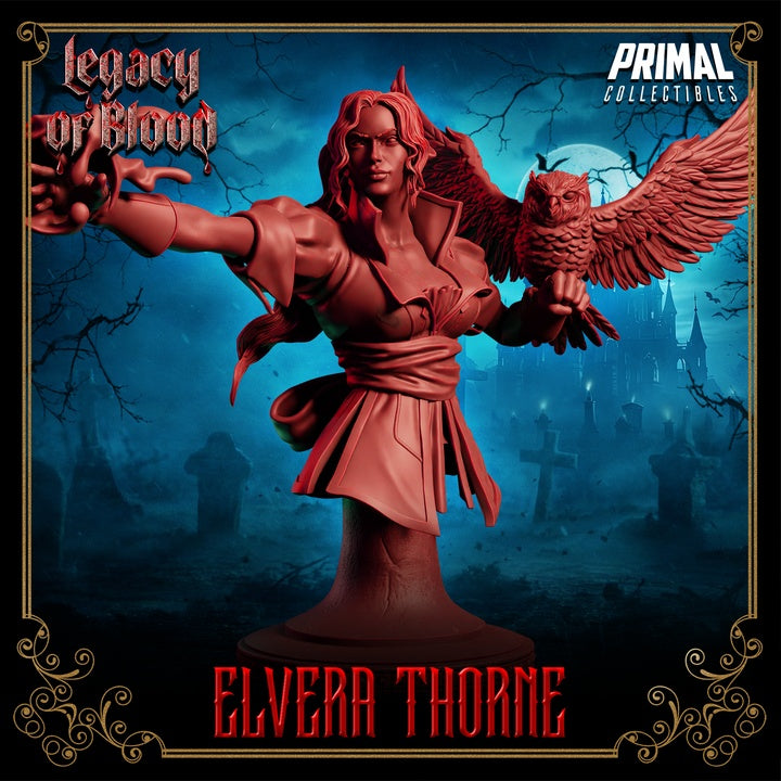 Bust view of Elvera Thorne miniature showing her casting pose with owl familiar in flight and intense expression.