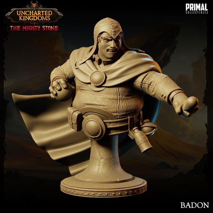 Bust of Badon, Halfling mage, with a wand in hand and a determined expression, wearing a large belt and cape.