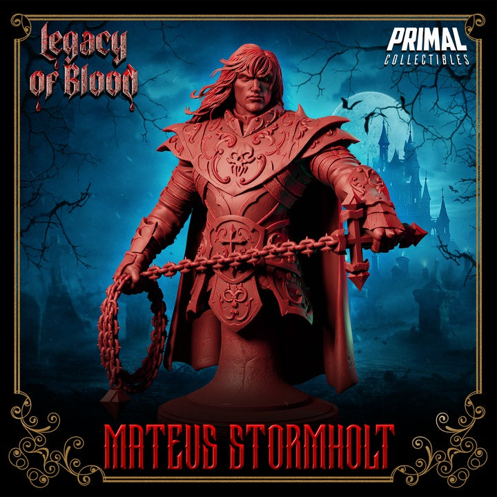 Upper body front view showing Mateus' detailed breastplate, engraved pauldrons, and solemn expression.