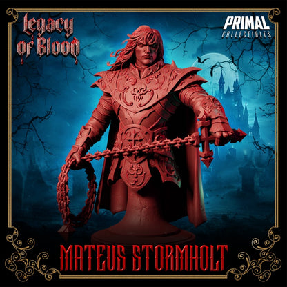 Upper body front view showing Mateus' detailed breastplate, engraved pauldrons, and solemn expression.