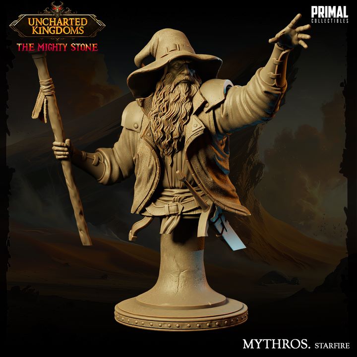 Bust of Wizard Mythros Starfire, featuring a long beard and a wide-brimmed hat, casting a spell with one hand while holding a wooden staff, mounted on a round base.