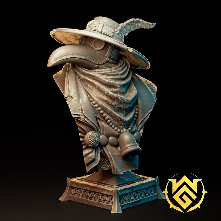 Bust of Iron Mask Cleric featuring a plague doctor-style mask, detailed hat with a feather, and layered clothing accessories.