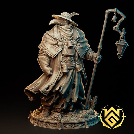 Full-body miniature of Iron Mask Cleric holding a staff with a lantern, wearing a wide-brimmed hat and elaborate robes.