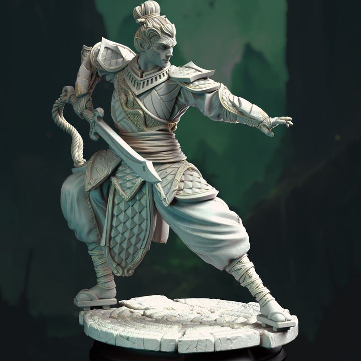 Jin Shi, Eastern Yuan-Ti Pureblood Fighter, in a dynamic combat stance, wearing serpentine armor and holding a curved sword.