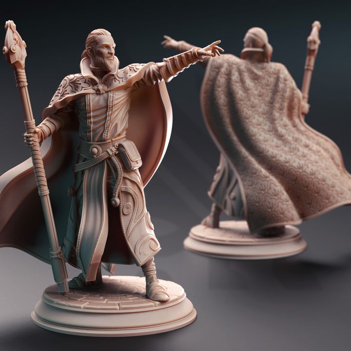 Jonas the Trick, Human Illusionist Wizard miniature, shown in a full-body front and back view with ornate robes and staff. Great for adding an illusionist character to TTRPG campaigns like Pathfinder or Dungeons & Dragons.