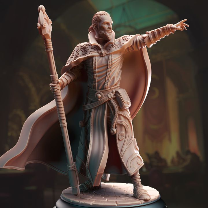 Jonas the Trick, Human Illusionist Wizard miniature, depicted holding a staff and extending his arm forward, wearing detailed robes. Ideal for use in tabletop RPGs like Dungeons & Dragons or Pathfinder.