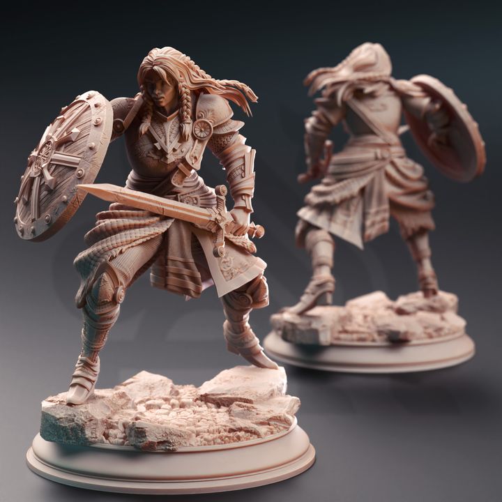 Jorjie of Hvirna, Human Veteran Fighter miniature, shown in a full-body front and back view with detailed armor and weapons. Ideal for adding a skilled warrior character to your TTRPG adventures like Pathfinder or Dungeons & Dragons.